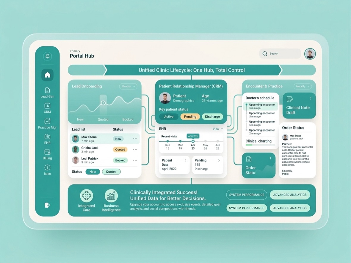 Clinicos unified clinic lifecycle: lead generation, CRM, encounter, EHR, pharmacy and billing